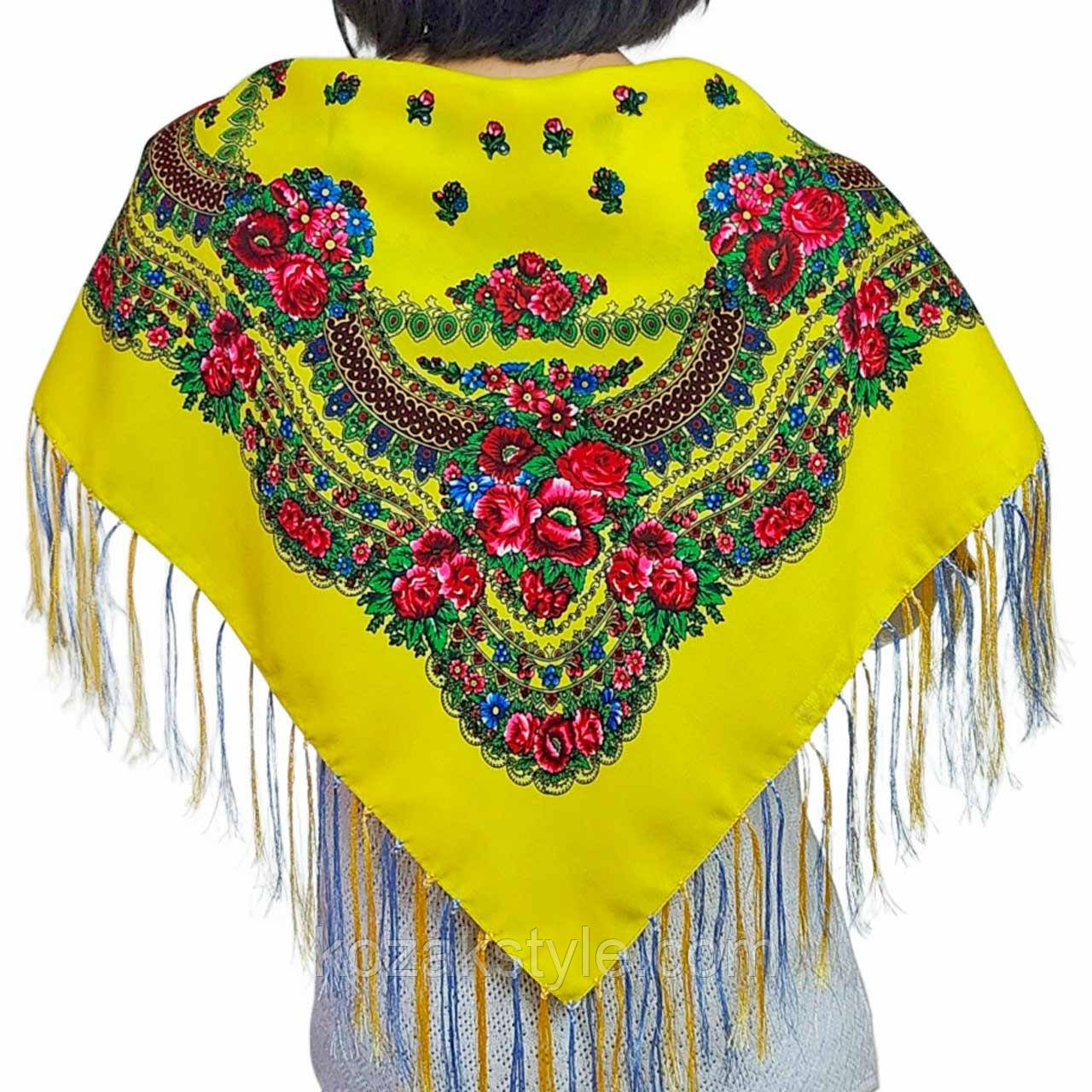 Українська хустка жовта 80*80 з жовто-блакитною бахромою