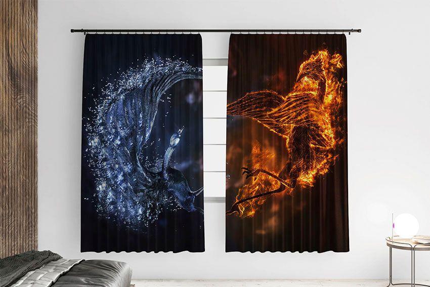 Штори з принтом «Птахи. Вогонь та вода»