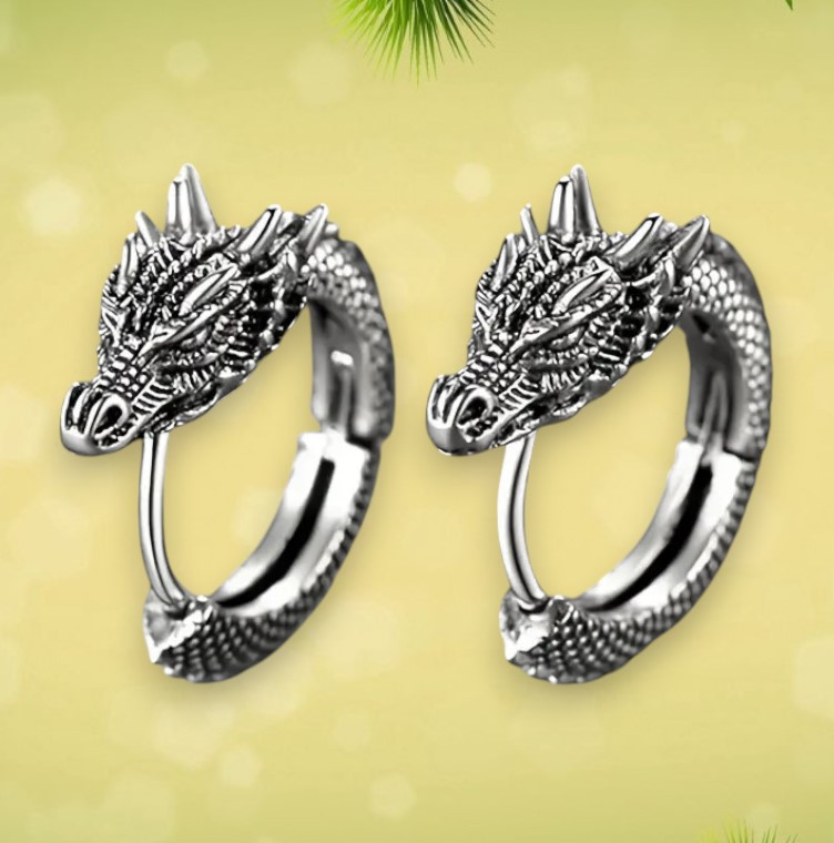 Сережки кільця у формі голови дракона 1.8 см сріблясті панк хіп-хоп стиль унісекс AurumLux120, фото 1