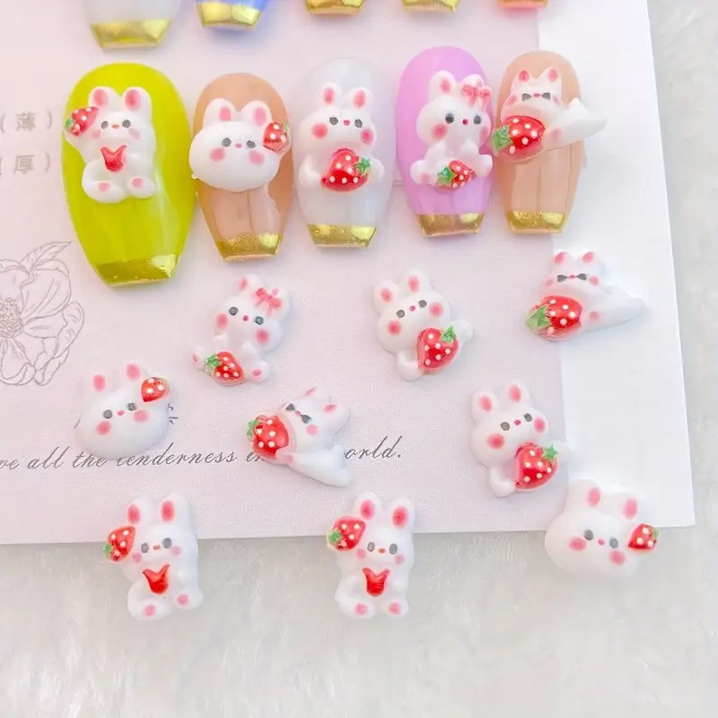 3D прикраси для нігтів у вигляді зайчика з полуничкою, білі, 1.1 см, аксесуари для нігтів манікюру 10 шт, фото 1