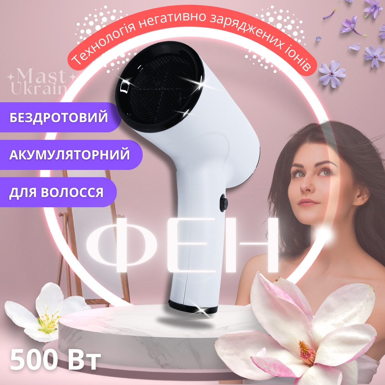 Бездротовий акумуляторний фен для волосся Portable Hair Dryer, 2600mAh з USB зарядкою WHD-01-White