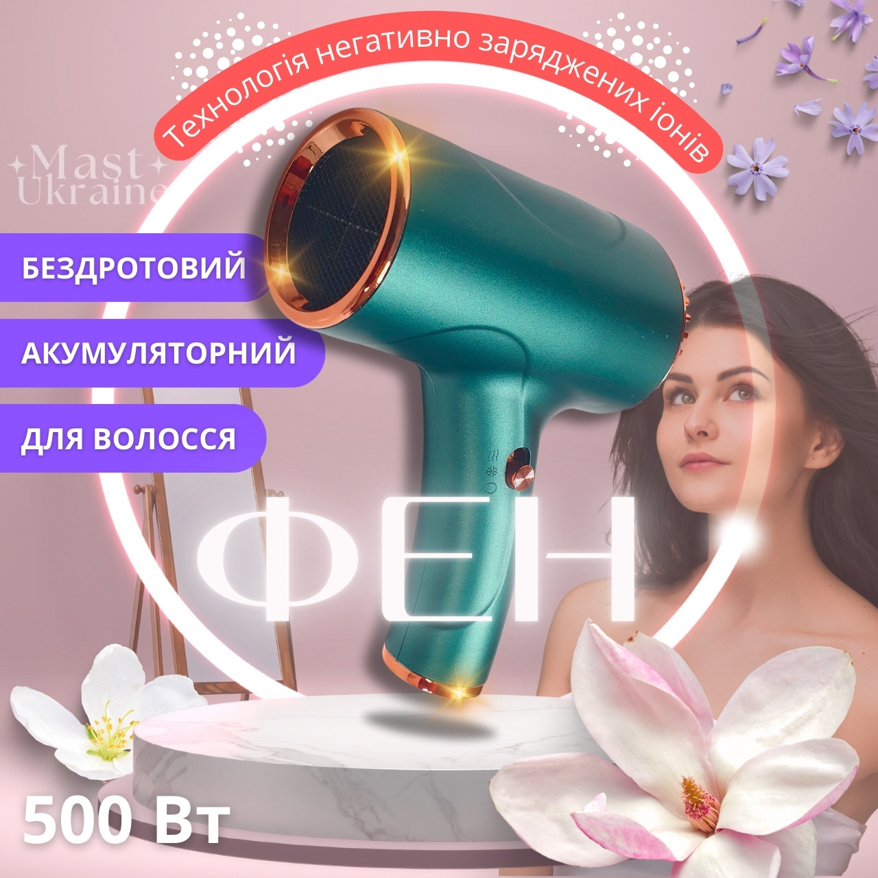 Бездротовий акумуляторний фен для волосся Portable Hair Dryer, 2600mAh з USB зарядкою WHD-01-Green