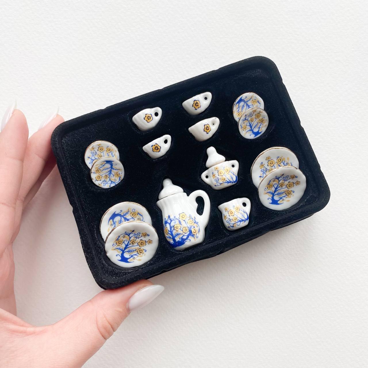 Мініатюра чайний керамічний набір Синій з золотом, фото 1