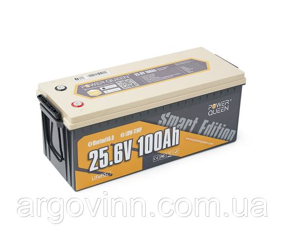 Акумуляторна батарея LiFePO4 Power Queen 25.6V 100Ah BT, 2560Wh, BMS 100A, 532*207*215мм