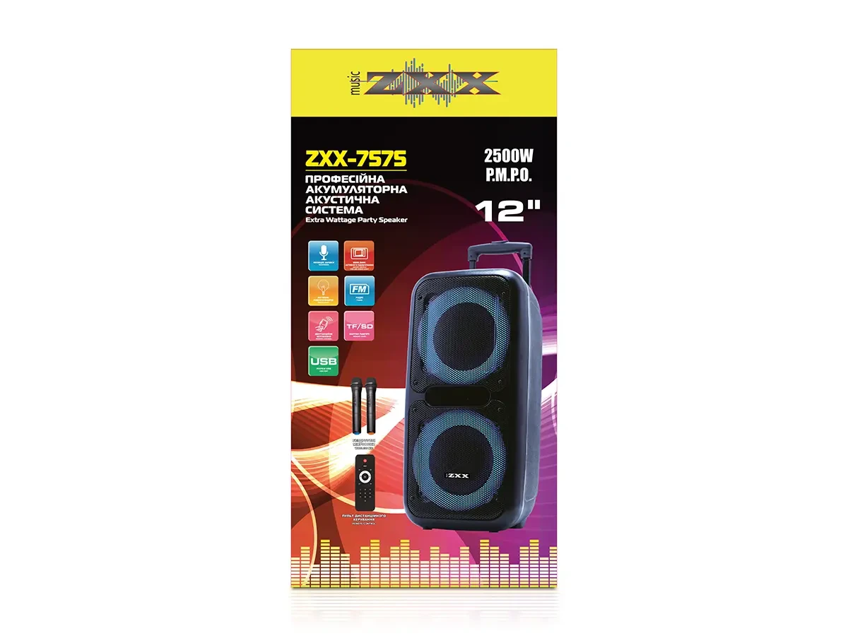 Акустична переносна колонка ZXX-7575 60Вт 12" 80х39х33см USB/SD/FM/BT/TWS/2MIC/ДК 1шт 8163