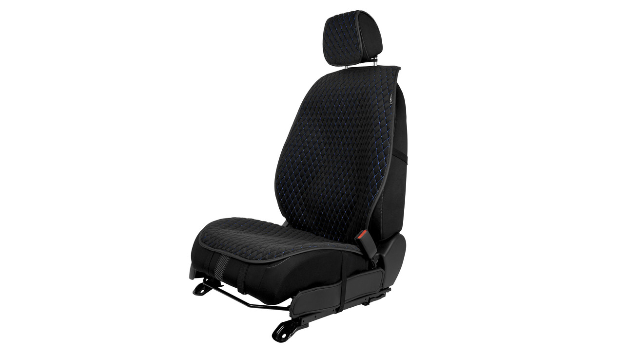 Накидка на сидіння автомобіля EVAtech з алькантари чорна з синьою ниткою, чорний кант, малий ромб, фото 1