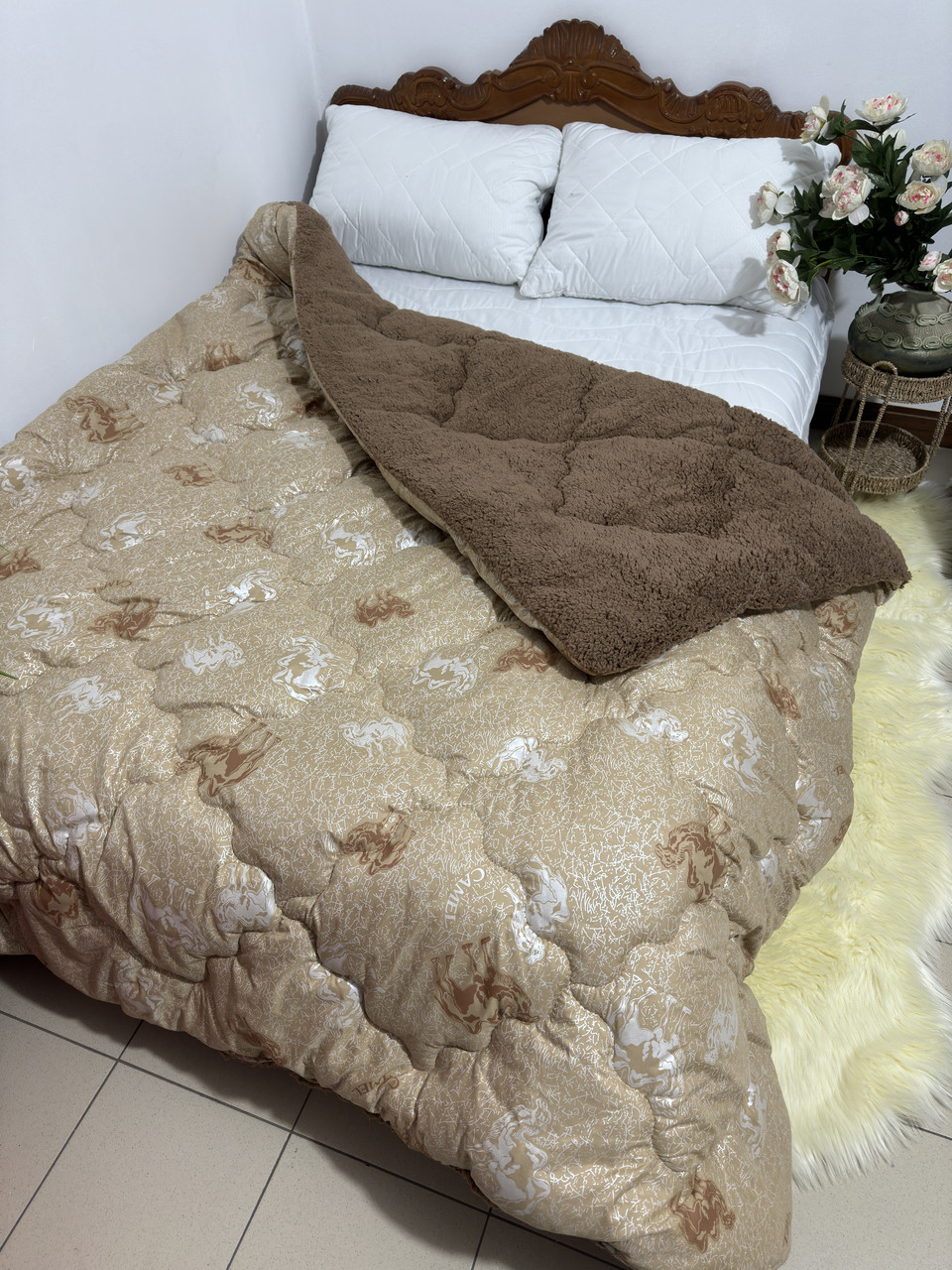 Ковдра полуторна двостороння верблюжя з відкритим хутром, фото 1