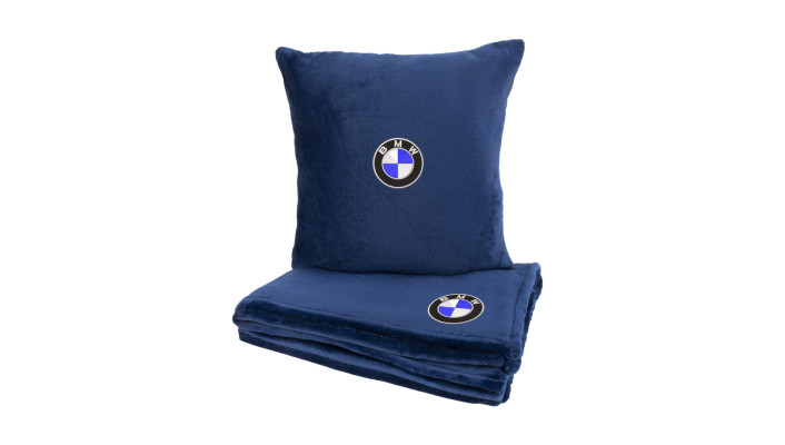 Подушка та плед в авто EVAtech із махри S для BMW сині MBLMPSSLV005