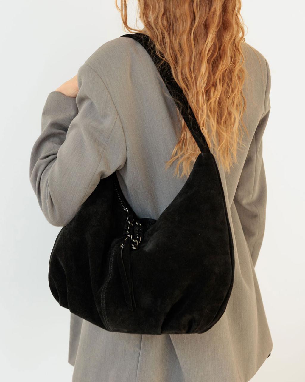 Жіноча сумка Welassie з довгою ручкою з натуральної шкіри та замші чорна Монга