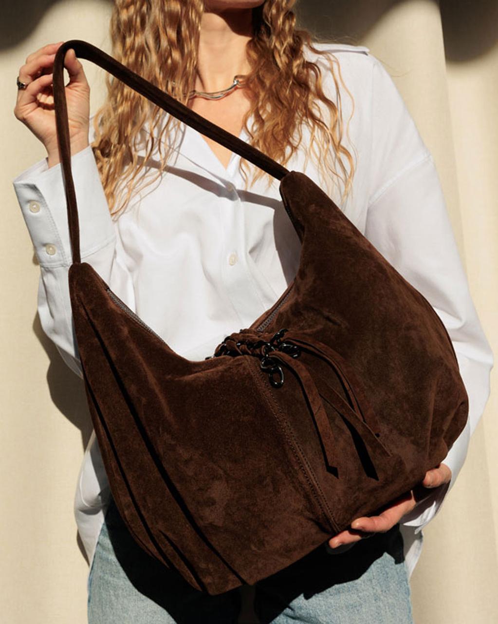 Жіноча сумка Welassie з натуральної шкіри та замші з довгою ручкою шоколадна Монга