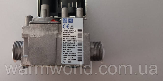 0063 848 SIGMA Made in Tunisia AllGas Pi max 60mbar Po 0.5-12 mbar EV1 230V 50Hz 9.2 VA class B EV2 230V 50Hz 2.8 VA class C AIR Gas Ratio 1:1 T.amb. -10/60°C Code 0848221 Date 2319 Lot 1578427 Nr 1294