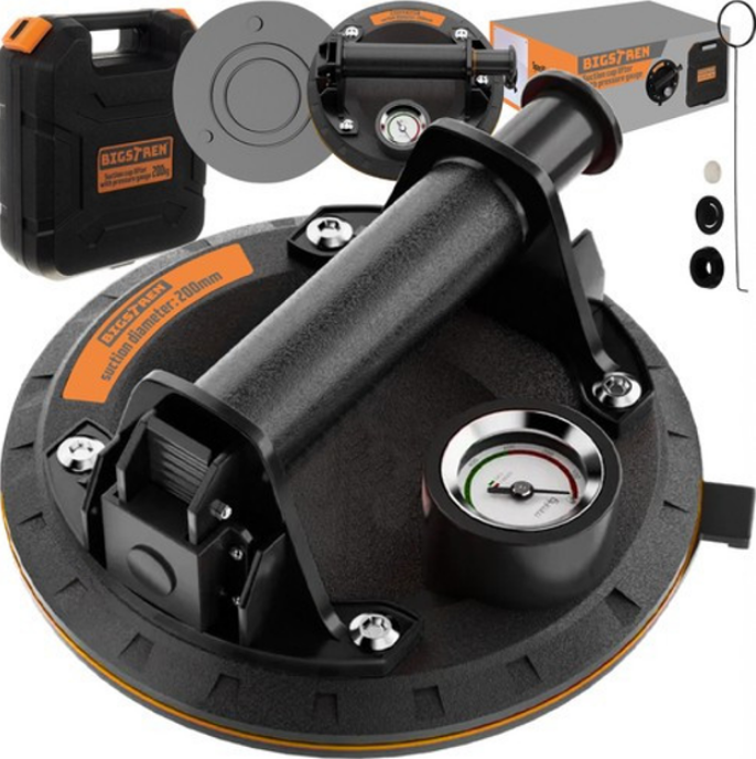 Вакуумна присоска Bigstren 22479 з манометром та насосом вантажопідйомність 200 кг для скла та плитки + кейс, фото 1