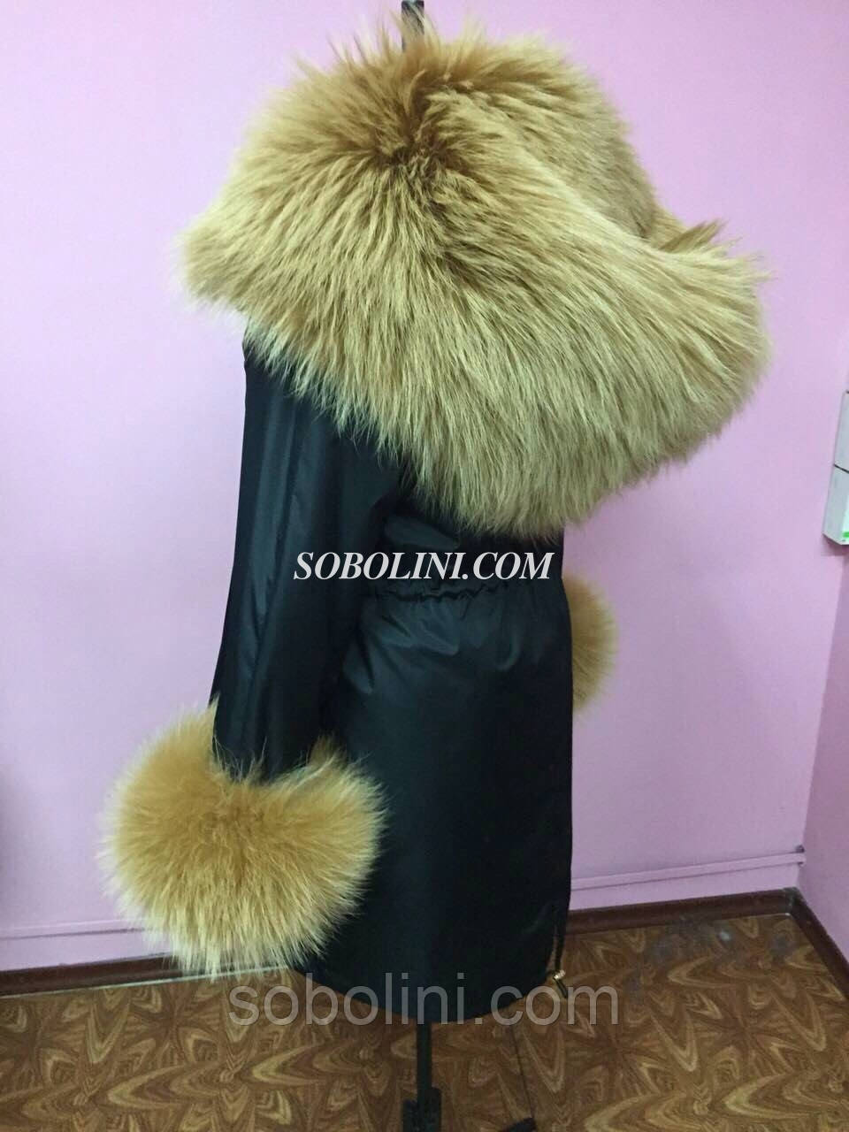 Чудова парка з хутром єнота-альбіноса фінського, колір Лци Вітон, плащівка колір чорний, довжина 90 см, фото 1