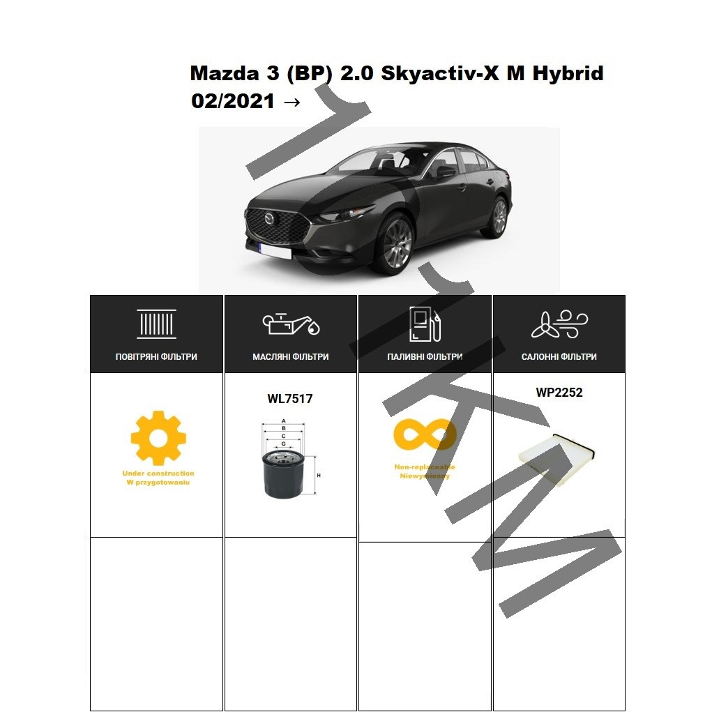 Комплект фільтрів Mazda 3 (BP) 2.0 Skyactiv-X M Hybrid (2021-) WIX