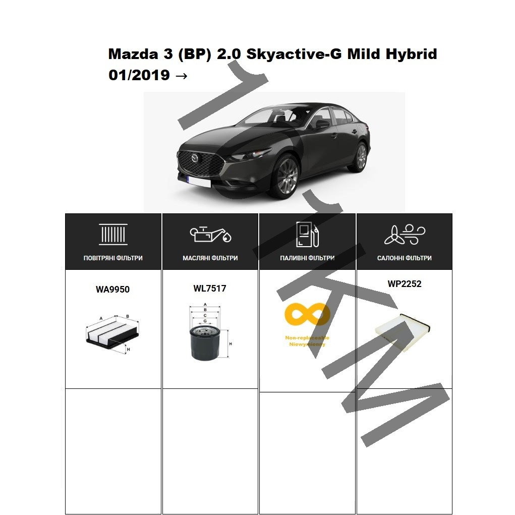 Комплект фільтрів Mazda 3 (BP) 2.0 Skyactive-G Mild Hybrid (2019-) WIX, фото 1