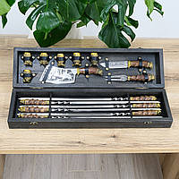 Подарунковий набір шампурів та барбекю-аксесуарів з чарками у дерев'яному кейсі Гранд Презент НШ009ВКДВБ-1К