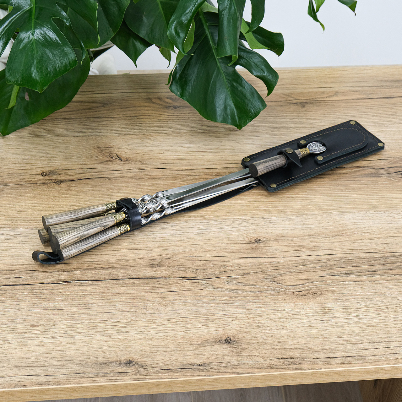 Подарунковий набір плоских шампурів 6шт з виделкою ясень бронза без лиття Гранд Презент НШ001ЯБ