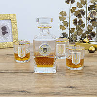 Подарунковий набір для віскі "Тризуб" – графін 850 мл + 4 келихи, кришталь з позолотою Гранд Презент GPB5TRY1GG/L