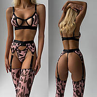 Сексуальный комплект нижнего женского белья (бюстгалтер, трусики, пояс, чулки) розовый+черный Соблазн