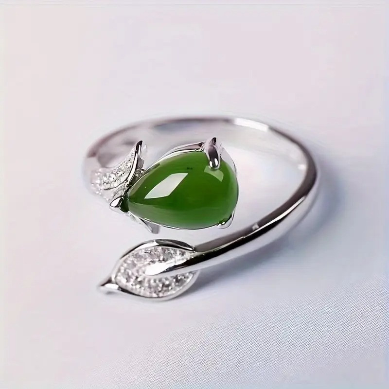 Жіноче кільце з дизайном Листя та краплі води з штучним зеленим нефритом сріблястого кольору регульоване, фото 1