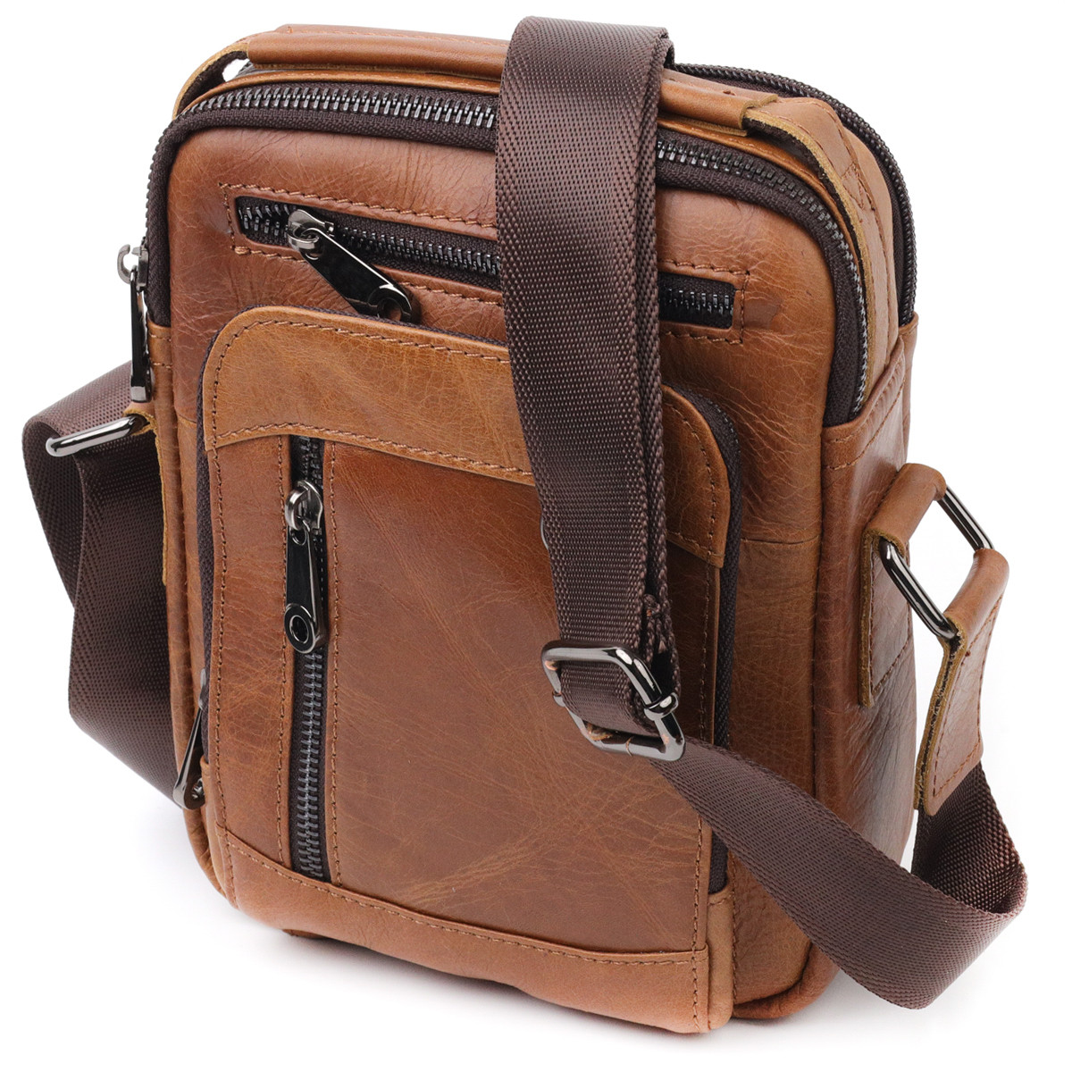 Чоловіча шкіряна сумка через плече планшет месенджер із натуральної шкіри з ручкою світло-коричнева 17*21*6 см, фото 1