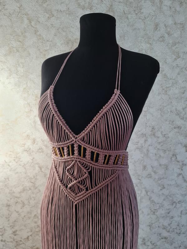 Рожеве плаття макраме з золотими трубочками, стильне і ніжне плаття для фотосесії, фото 1