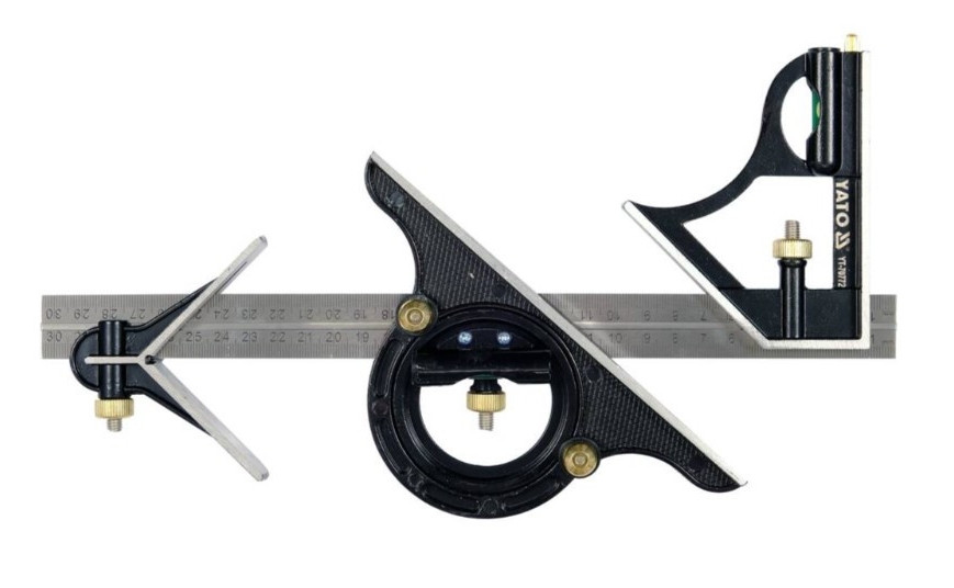 Косинець комбінований, багатофункційний, з рівнем, кутомір 45 і 90 град., транспортир 180 мм, 300 мм Yato YT-70772