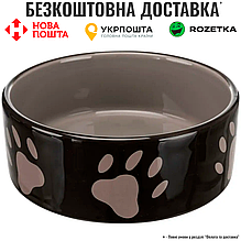 Миска Trixie для собак керамічна з принтом лапи 0,8 л 16 см, коричнево-сіра