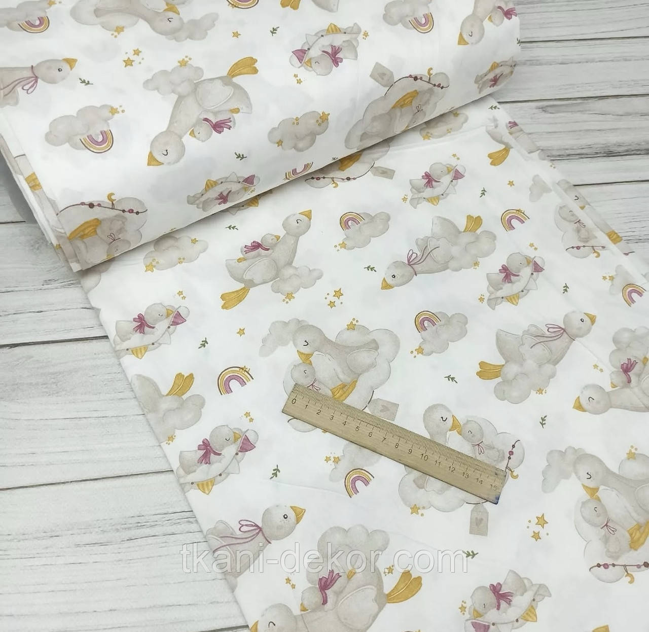 Сатин (бавовняна тканина) гуски на хмарках (ширина 160 см, 120 г/м2), фото 1