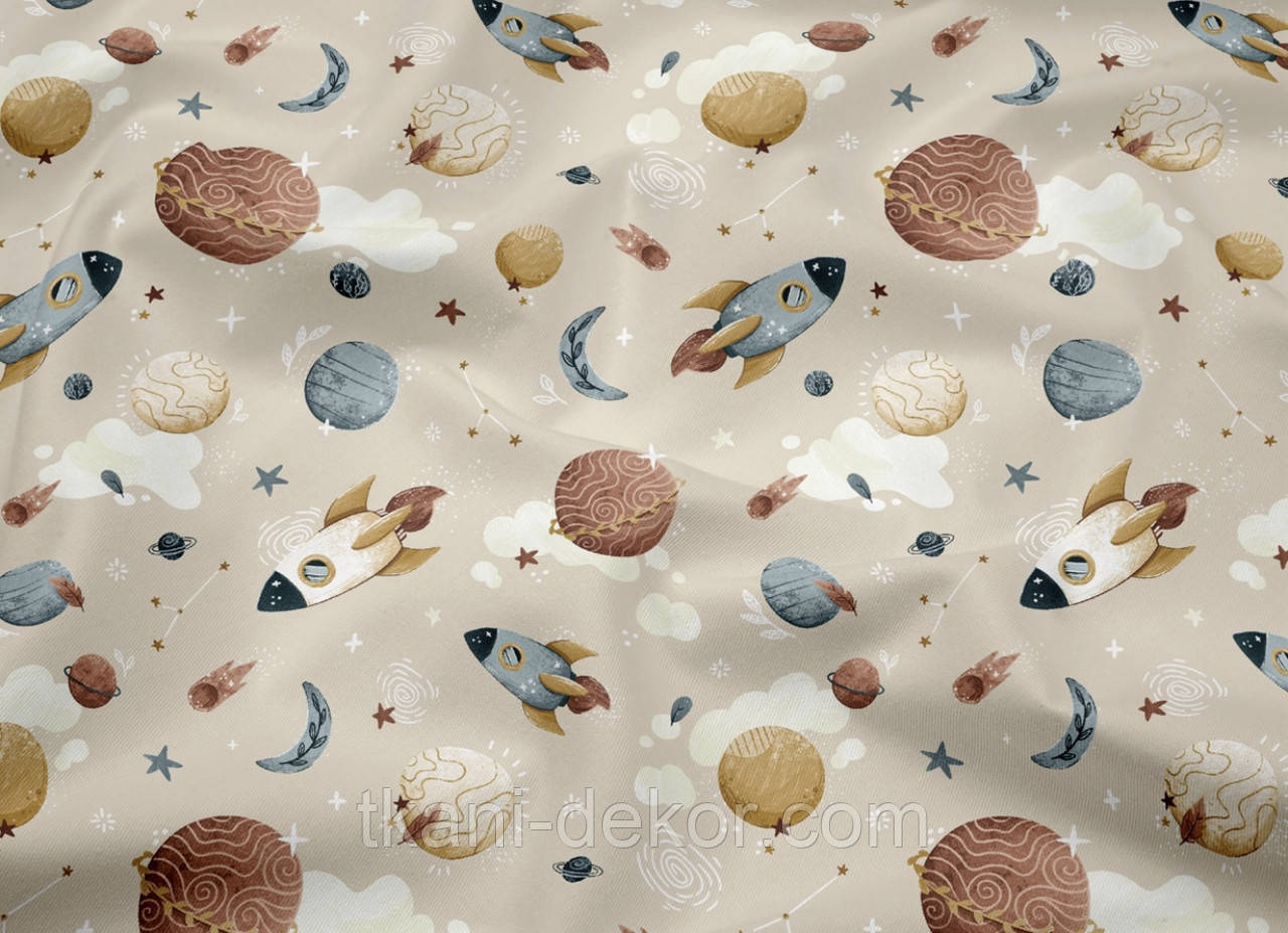 Сатин (бавовняна тканина) ракети та планеті на бежевому (ширина 160 см, 120 г/м2), фото 1