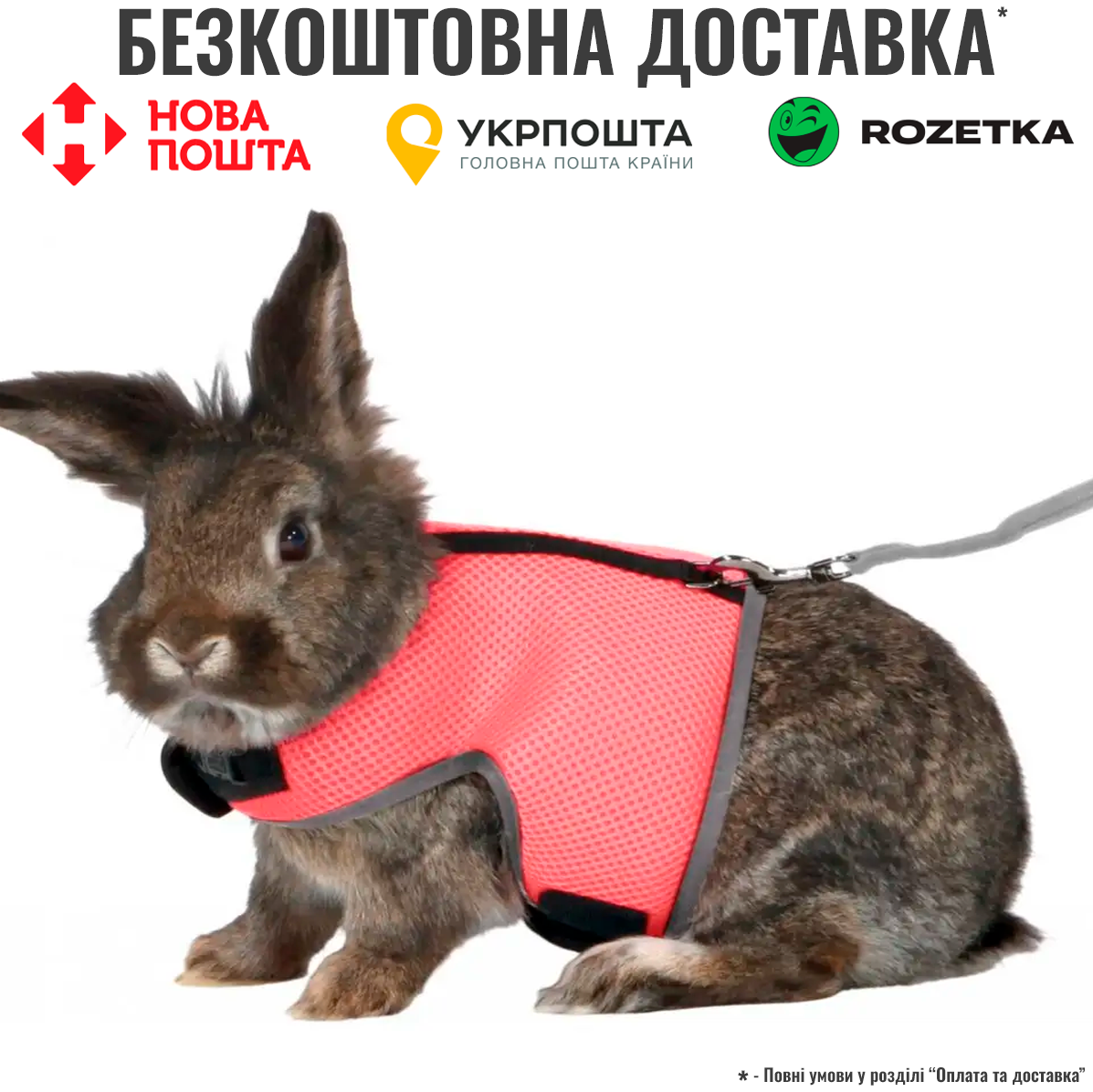 Шлейка з повідцем Trixie Soft для великого кролика, нейлон, XL: 25-40 см (кольори в асортименті), фото 1