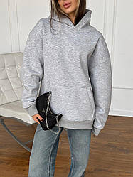 Кофта жіноча утеплена зимова з начосом толстовка з капюшоном худі Over сіре