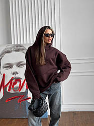 Кофта жіноча зимова з капюшоном флісова толстовка оверсайз Over коричнева