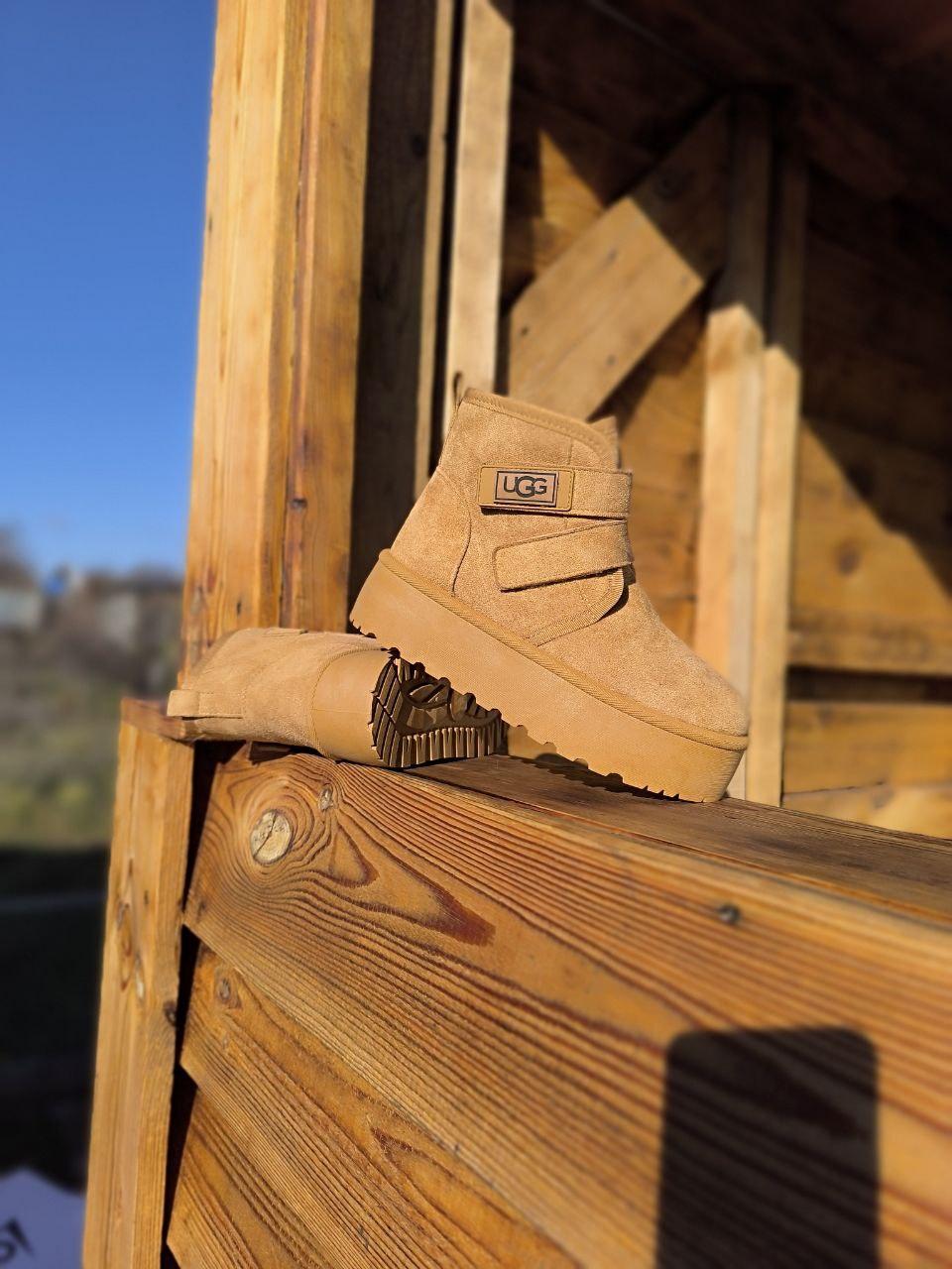 Уги UGG РИЖІ черевички CAMEL на липучках і високій підошві утеплені жіночі зимові ​​​​​​​LQD