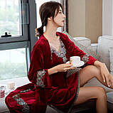Велюровий комплект жіночий 4в1 з мереживом – халат, пеньюар, топ, штани, стильний подарунок, фото 2