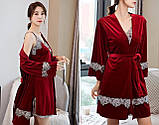 Велюровий комплект жіночий 4в1 з мереживом – халат, пеньюар, топ, штани, стильний подарунок, фото 3
