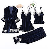 Велюровий комплект жіночий 4в1 з мереживом – халат, пеньюар, топ, штани, стильний подарунок, фото 5