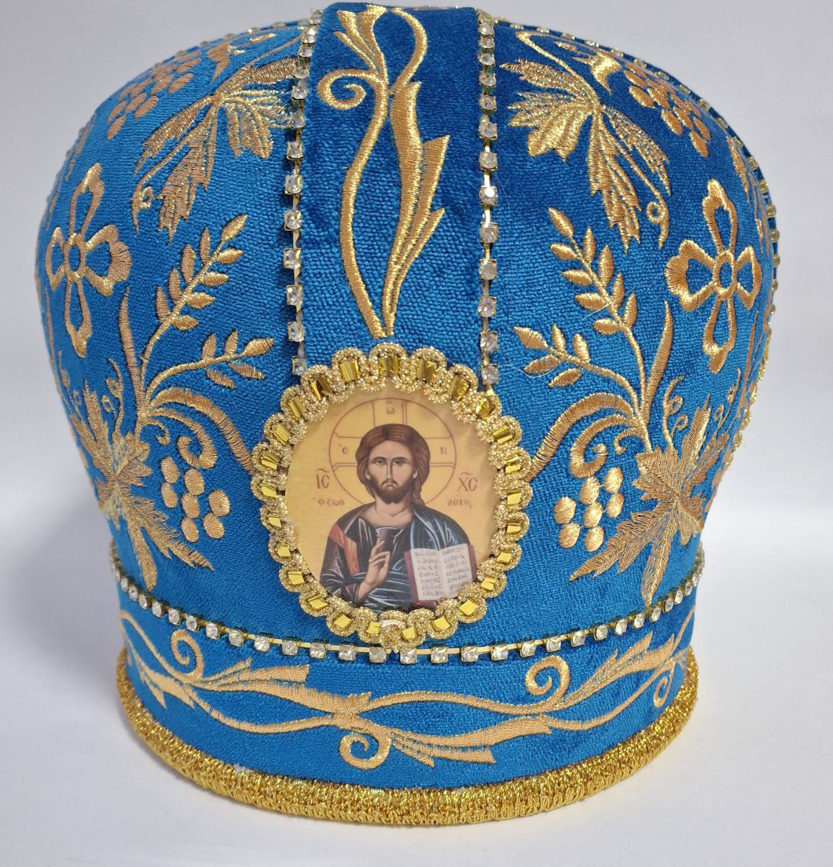 Церковна митра для священника з велюра блакитного кольору, розмір 60, фото 1
