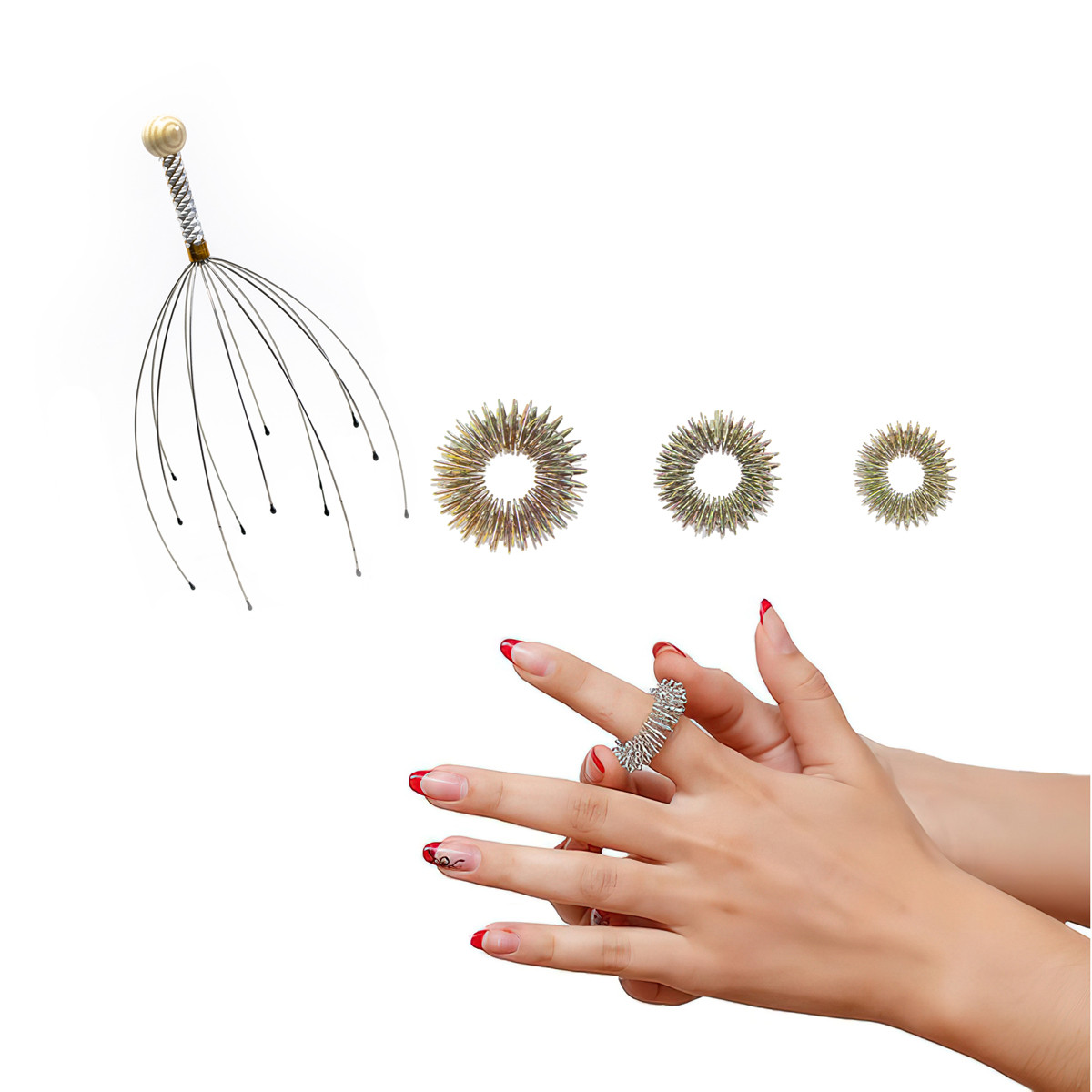 Масажний набір су джок 3 кільця для пальців + "Мурашка", масажне кільце для пальців, масажері пружинне