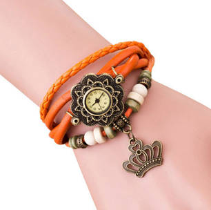 Жіночий годинник із шкірозамінником під старовину з брелоком "корона", жіночий шкіряний годинник, фото 1