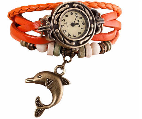 Жіночі годинники з кожзам ремінцем під старовину з брелоком дельфіном, фото 2