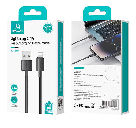 Кабель USAMS SJ709 Lightning 2.4A Fast Charging Data Cable - YD Series Black, фото 2