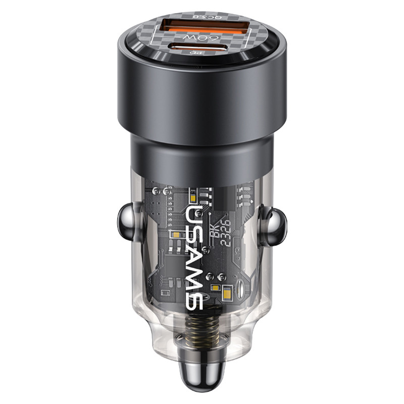 АЗП USAMS US-CC208 C39 60W A+C Dual Port Aluminum Transparent Fast Charging Car Charger Black
