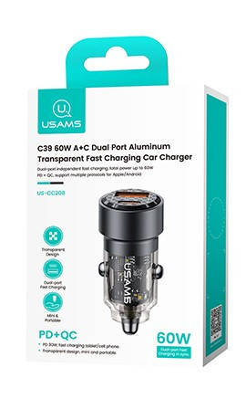 АЗП USAMS US-CC208 C39 60W A+C Dual Port Aluminum Transparent Fast Charging Car Charger Black, фото 2