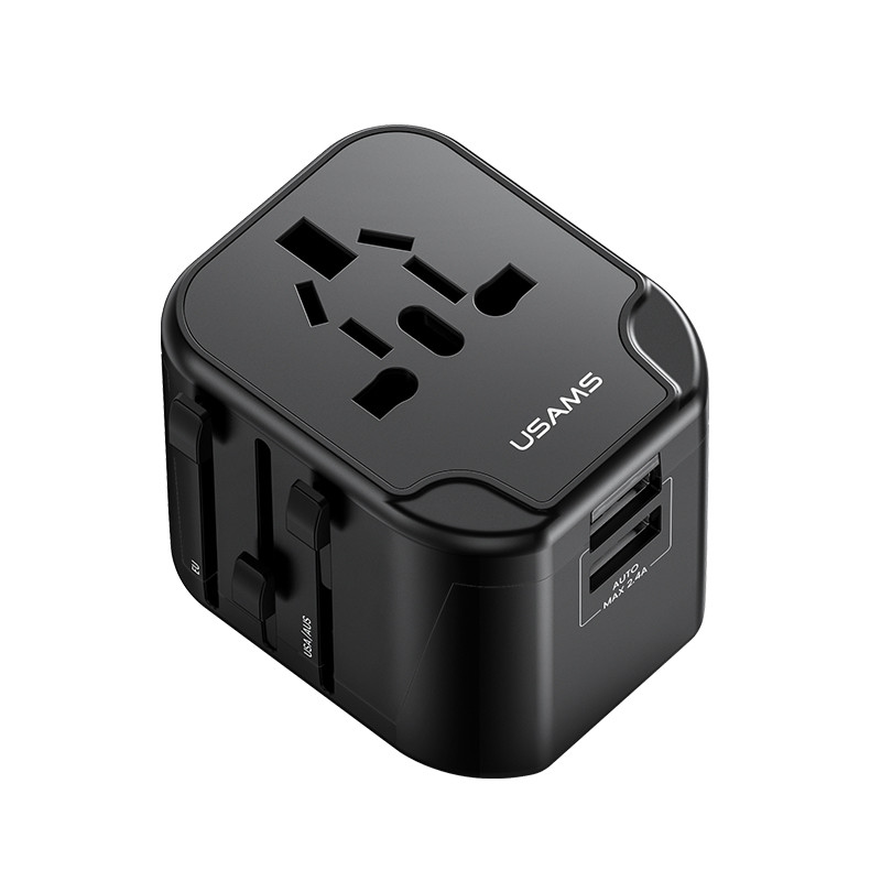 МЗП USAMS US-CC173 T55 12W Dual USB Universal Travel Charger (US/AU/EU/UK) Black