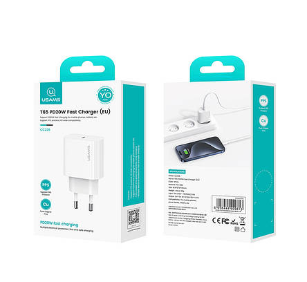 МЗП USAMS US-CC226 T65 PD20W TYPE-C Fast Charger (EU) White, фото 2