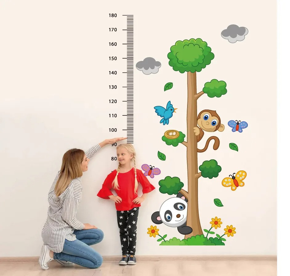 Набір вінілових наліпок "Панда і мавпочка" зі шкалою вимірювання зросту в дитячу кімнату два полотна 30х90 см, фото 1