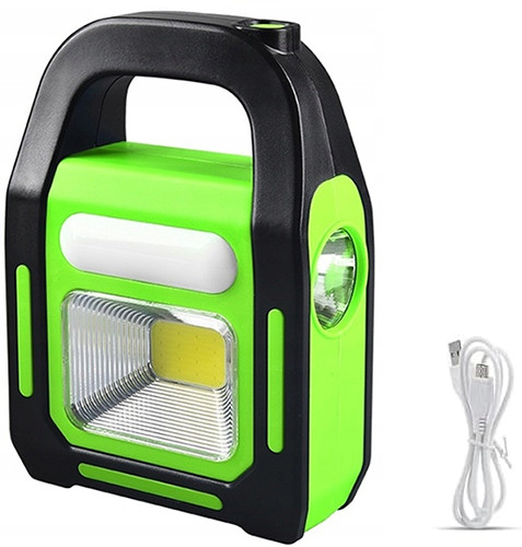 Ліхтар ручний акумуляторний із сонячною панеллю і функцією power bank, 3 джерела світла 3W+COB+LED, зелений