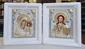 Ікони вінчальні Спаситель,П.Б Казанська в білому дерев'яному кіоті, срібло/позолота, кіот 26*22, сюжет 14×17