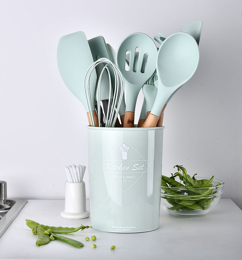Великий набір кухонного приладдя Kitchen Set 12 шт. Силіконові аксесуари для кухні з підставкою
